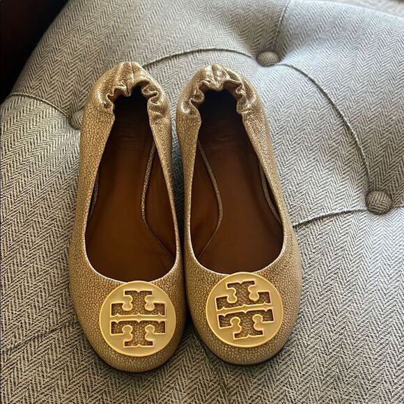 Tory Burch Gold Flats with Double-T Logo - Picture 1 of 9